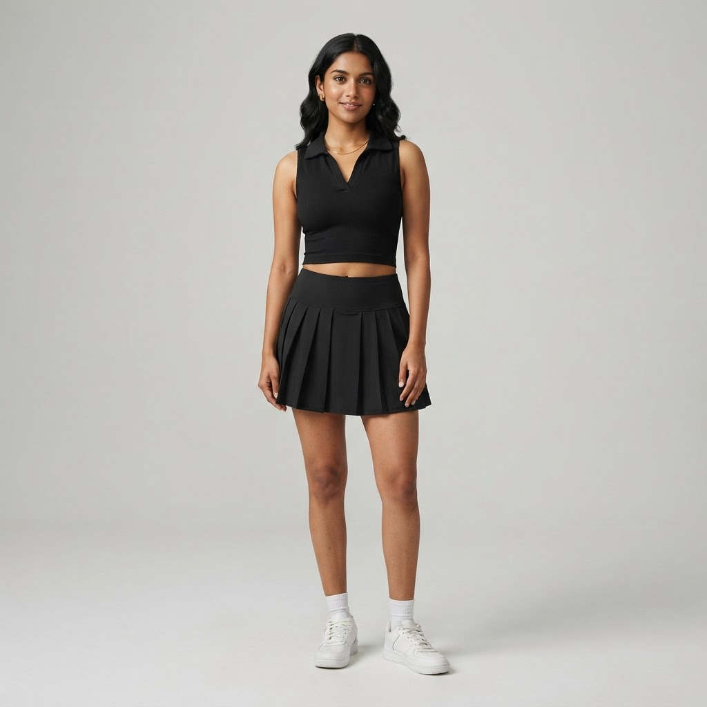 Indian woman wearing WOW QUEENS Seamless Polo Crop Top in Noir Black