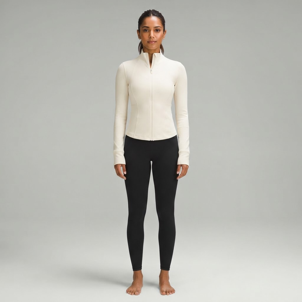 Indian woman wearing WOW QUEENS Second-Skin Waist-Shaping Zip Jacket in Ivory Cream