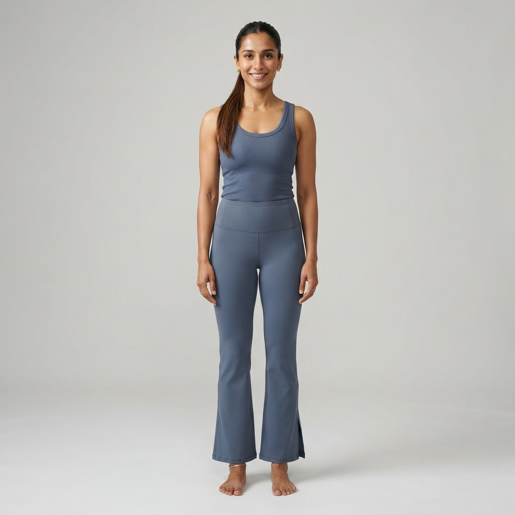 Indian woman wearing WOW QUEENS Slit-Hem Flare Pants in Slate Blue