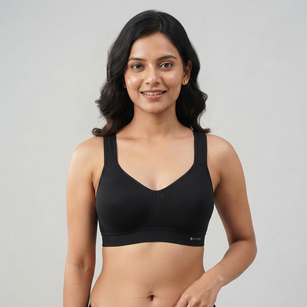 Indian woman wearing WOW QUEENS Soft Queen Everyday Bra in Noir Black
