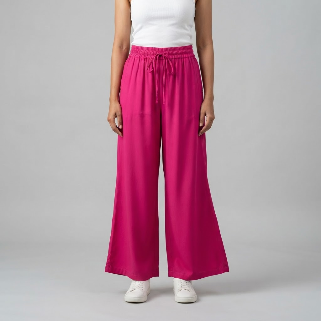 Indian woman wearing WOW QUEENS Stretch-Waist Wide-Leg Pants in Magenta Pink