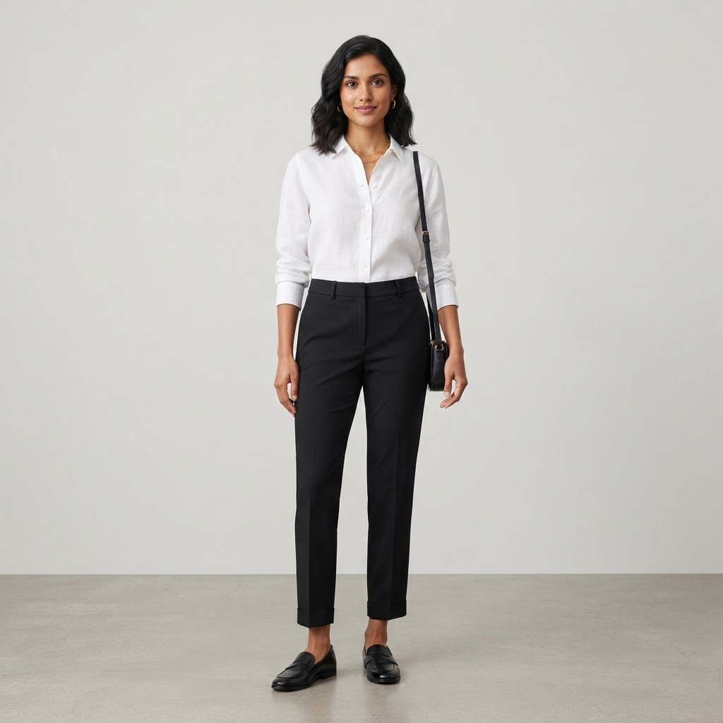 Indian woman wearing WOW QUEENS Studio Straight Pants Lite in Noir Black