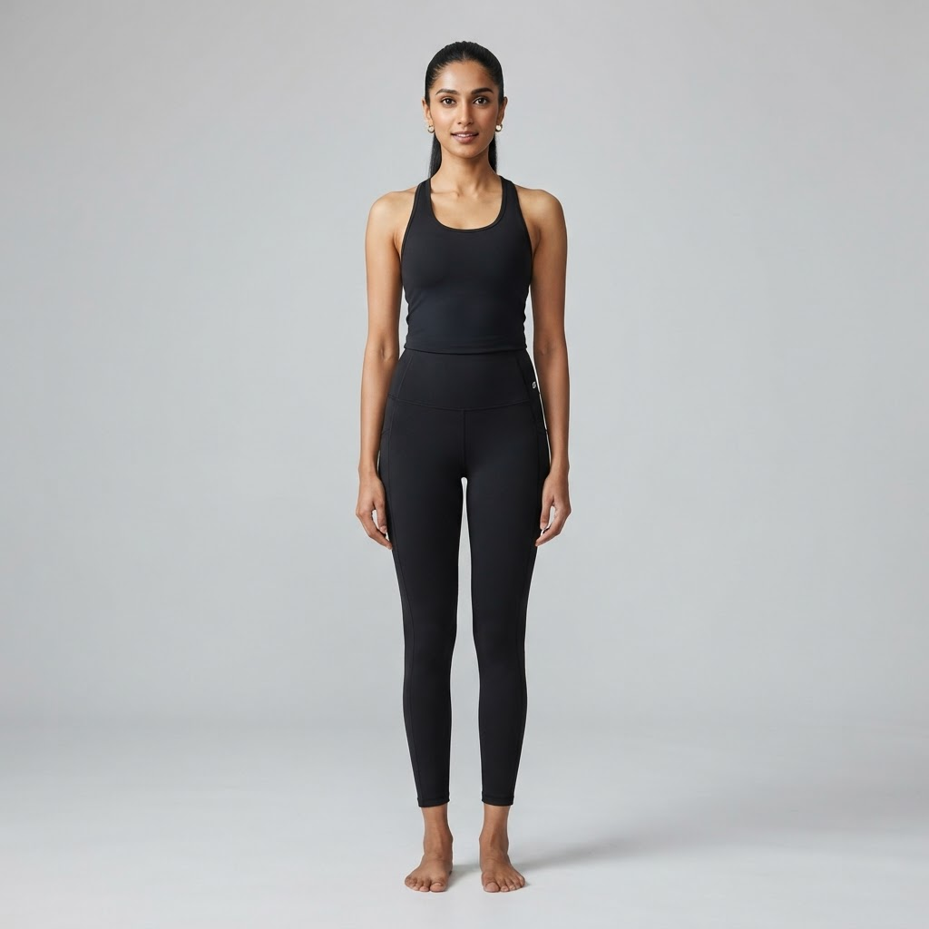 Indian woman wearing WOW QUEENS Tall Crown Leggings in Noir Black