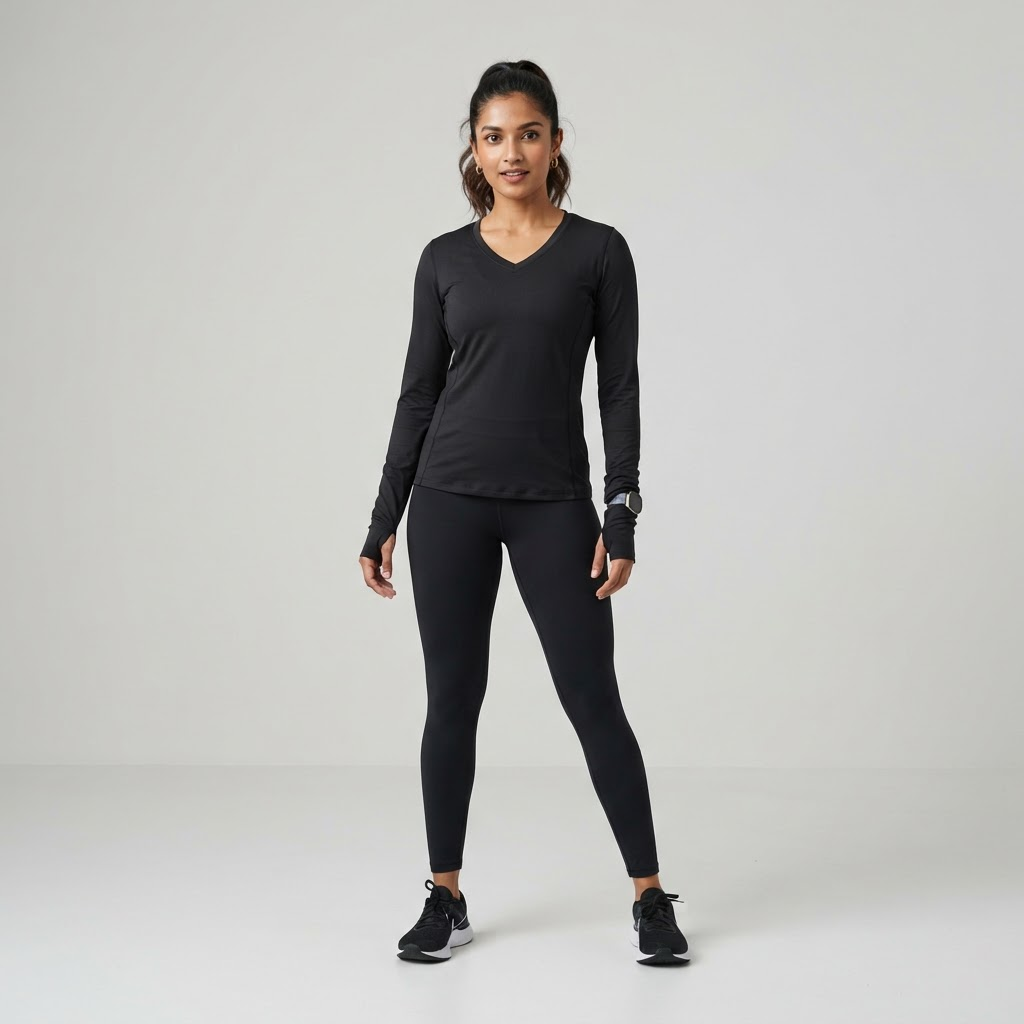 Indian woman wearing WOW QUEENS V-Neck Flex Long Sleeve in Noir Black
