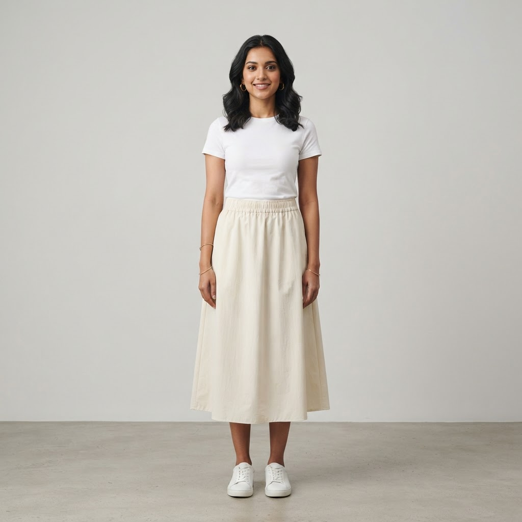 Indian woman wearing WOW QUEENS Wanderer Water-Resistant Midi Skirt in Ivory Cream