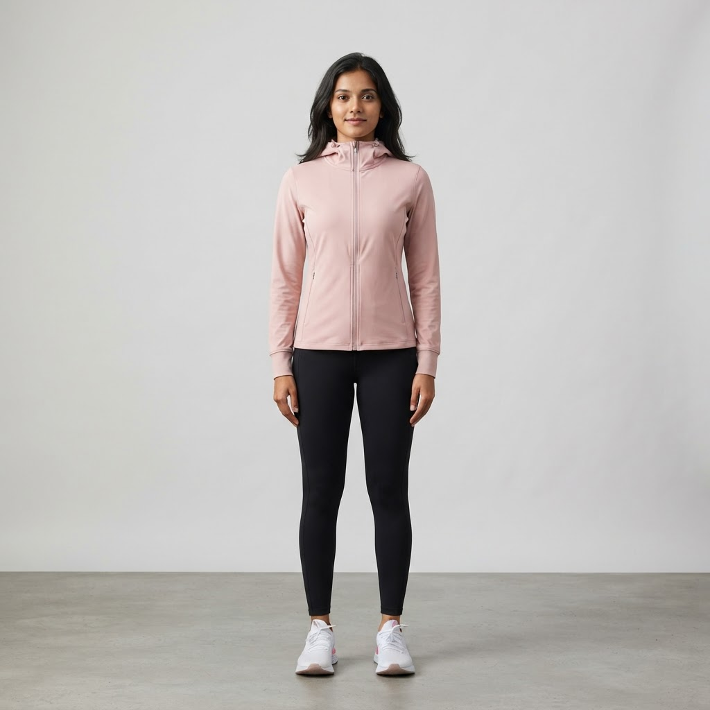 Indian woman wearing WOW QUEENS WindShield Slim-Fit Hoodie Jacket in Blush Rose