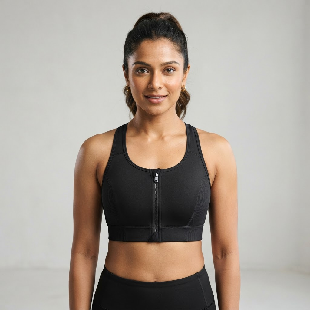 Indian woman wearing WOW QUEENS Zip-Front Studio Bra in Noir Black